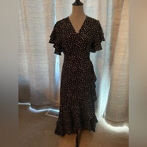 Black and white polka dot wrap dress